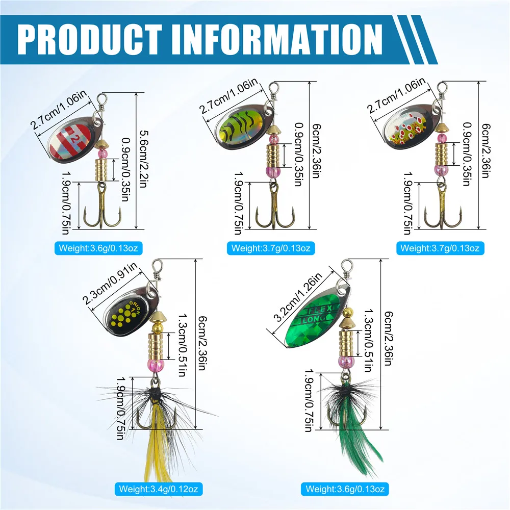 스피너 낚시 미끼 스피너 미끼 스푼 루어, 깃털 트레블 후크 포함, 파이크 송어 연어 배스 스피너 루어, 5 개, 10 개, 16 개