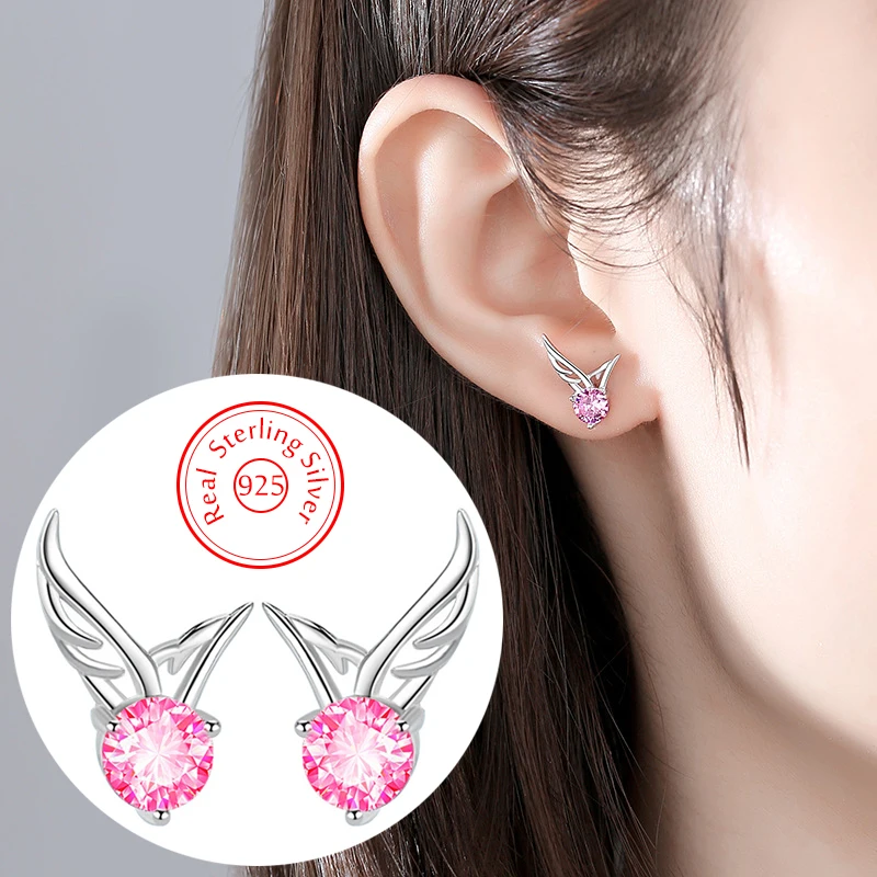 

Pure 925 Sterling Silver New High Quality Jewelry Crystal Angel Wings Stud Earrings For Women XY0223