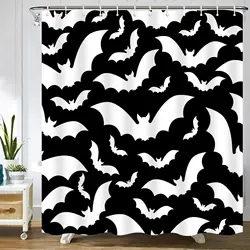 Spooky Shower Curtain Gothic Horror Halloween Black＆White Bats   Polyester Fabric Bathroom Bath s