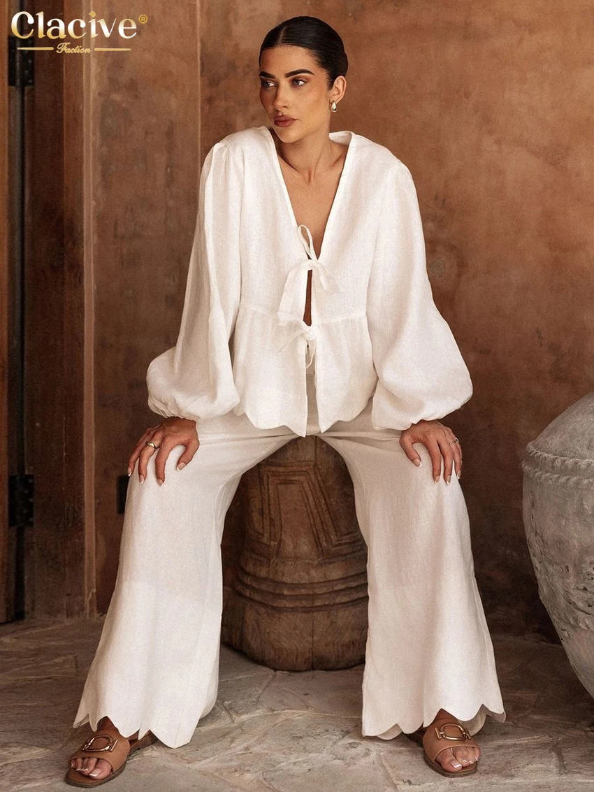

Clacive Fashion Loose White Cotton 2 Pieces Set For Woman 2025 Elegant Long Sleeve Shirt With High Waist Wide Pants Set Female