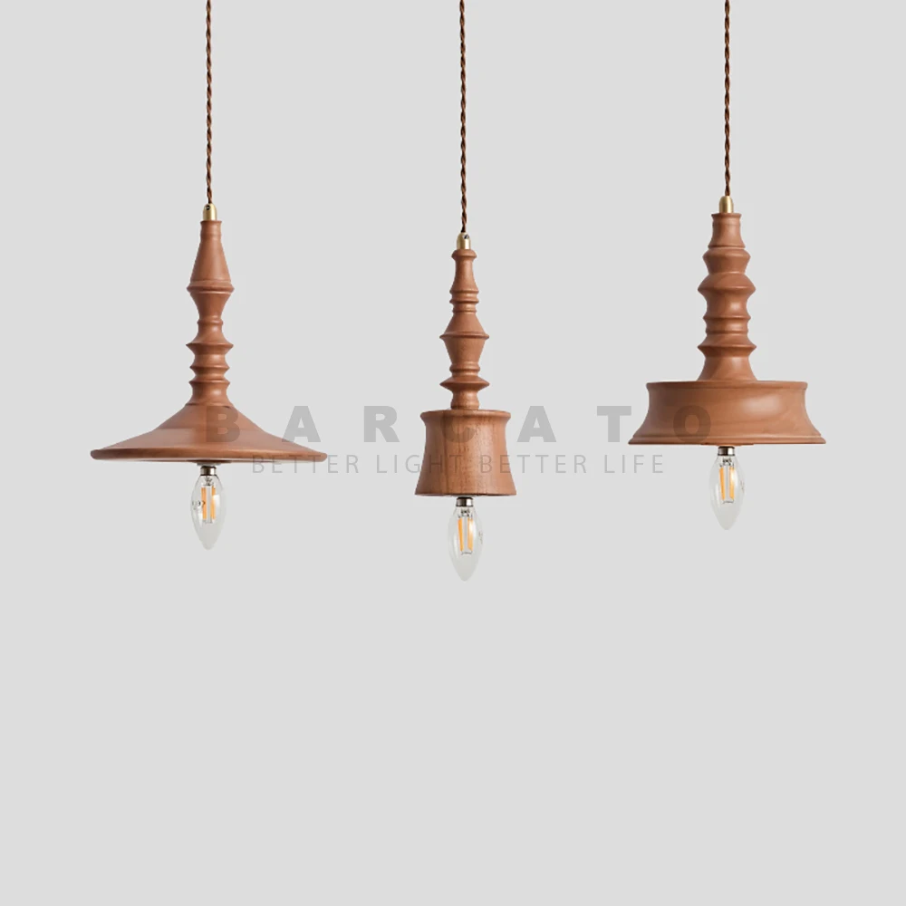 Natural Wooden Pendant Lights Walnut Grain Chandeliers Dining Room Study Living Room Kitchen Table Bar LED E14 Hanging Light