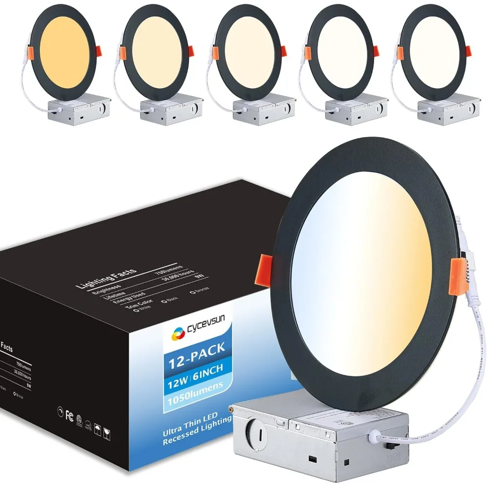 

12 Pack Black Recessed Lights 6 Inch, Dimmable Canless Wafer Pot Exterior Outdoor Soffit, 5CCT Selectable, 12W, 120V