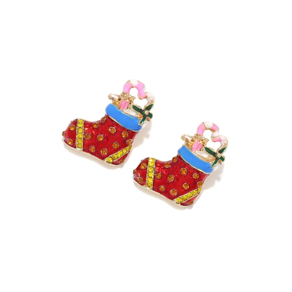 Cute creative drip Christmas gift socks earrings alloy diamond set boots earrings Christmas ear jewelry