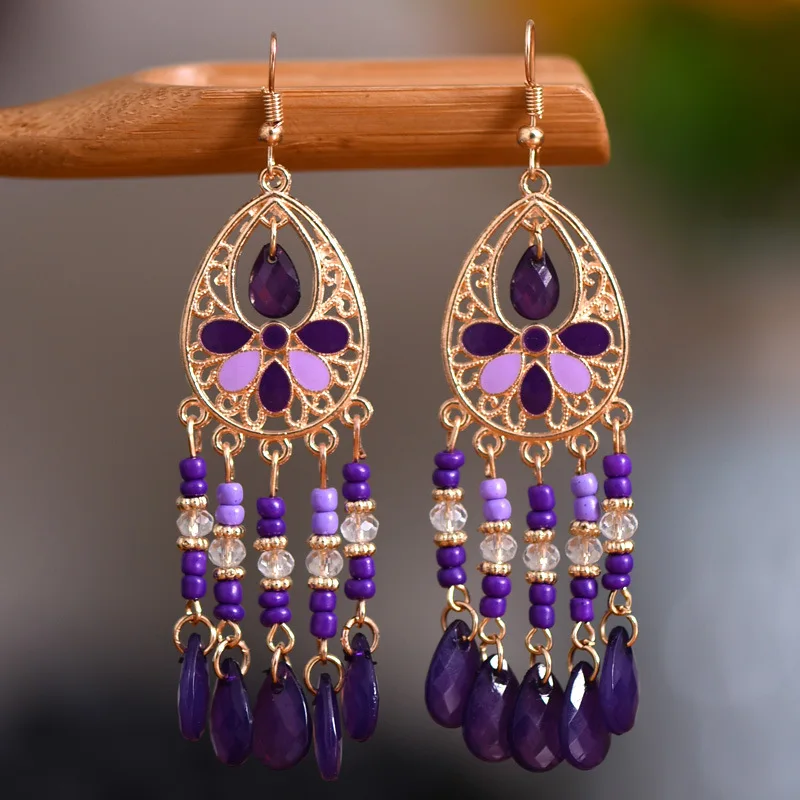 Vintage ethnische lange Tropfen Öl Blume Perlen Quaste Ohrringe für Frauen Boho Gold Farbe hohle Acryl Wasser Tropfen baumeln Ohrringe – Detail 12