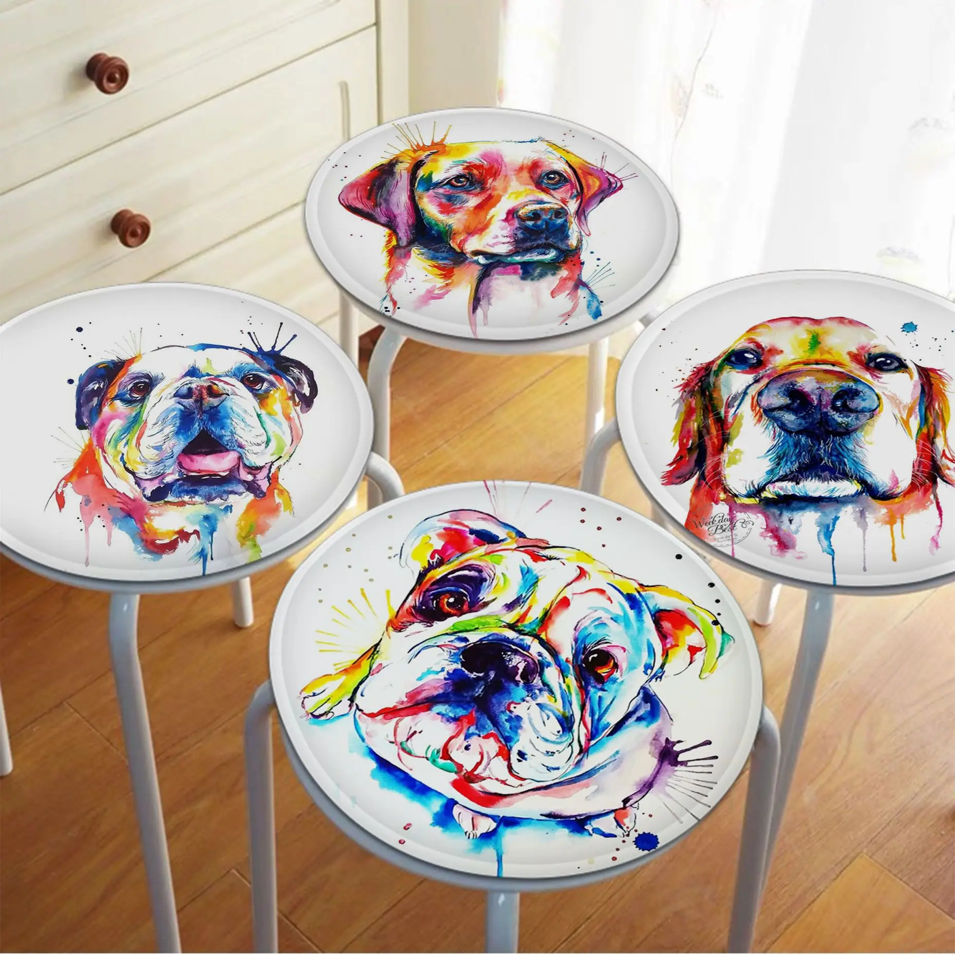 

English Bulldog Terrier Plash Dog Round Seat Cushion Office Dining Stool Pad Sponge Sofa Mat Non-Slip Chair Cushions