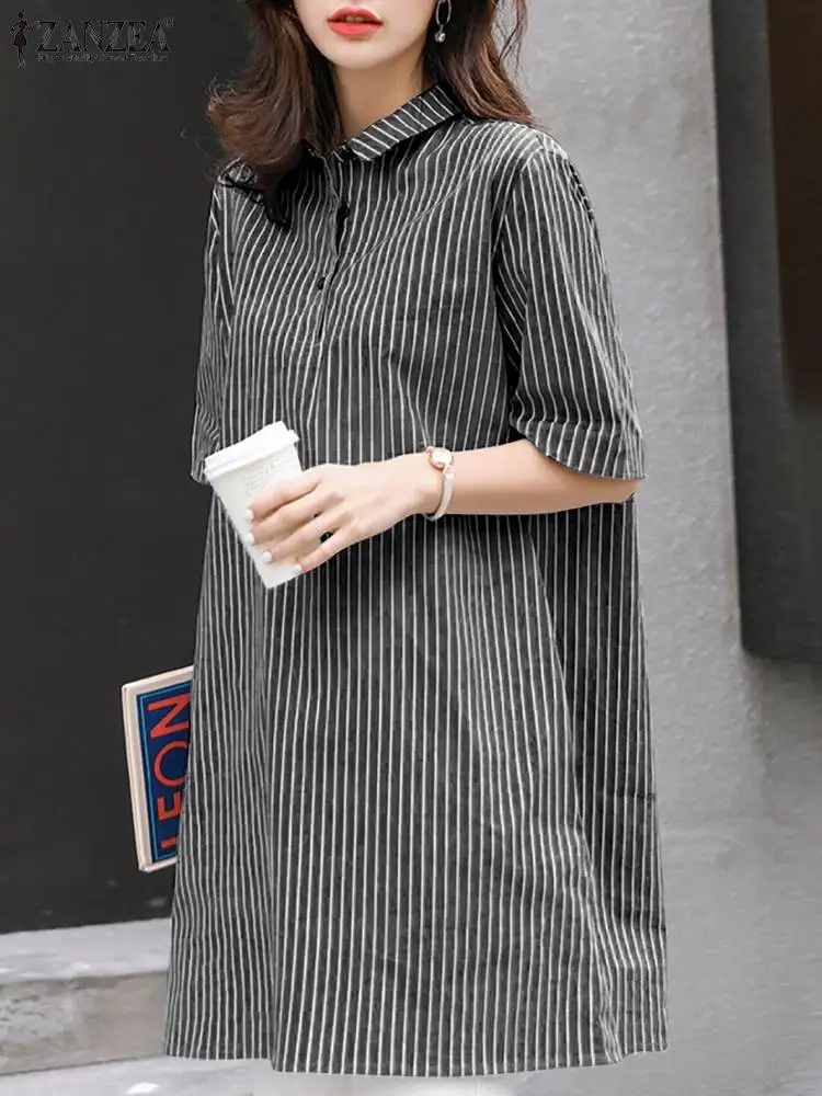 ZANZEA Summer Casual OL Shirtdress Women Fashion Stripe Printed Dress Short Sleeve Lapel Neck Vestidos Elegant Work Sundress