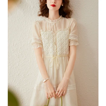 LOUIS YAO 여성용 원피스 라운드넥 반팔 레이스 할로우 아웃 스웨트, 우아한 짧은 원피스, 2024 여름 신상 Best5 LOUIS YAO 여성용 원피스 라운드넥 반팔 레이스 할로우 아웃 스웨트, 우아한 짧은 원피스, 2024 여름 신상 Best5