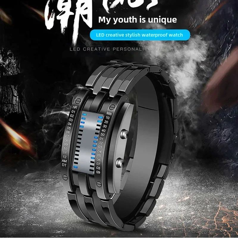 Trendy Korean Led Steel Man Double Row Lights Binary Fashionable Student Couple Unique Electronic Watch Led Wristwatch