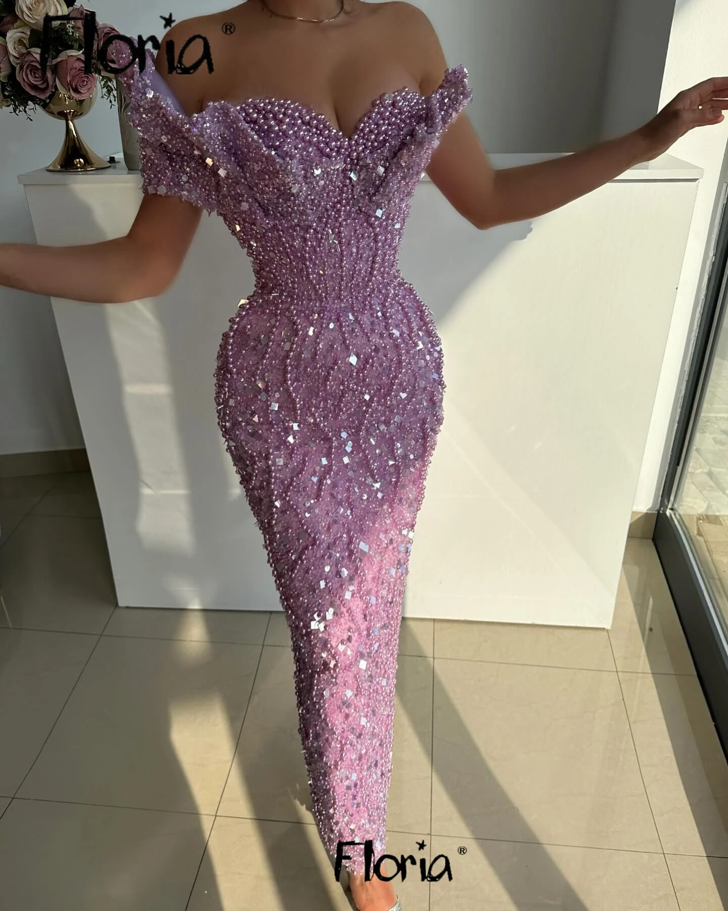 African Evening Dresses Pearls 2025 Customize Mermaid Ankle Length Beads Party Gowns Robe Light Purple Prom Dress Cocktail Dress