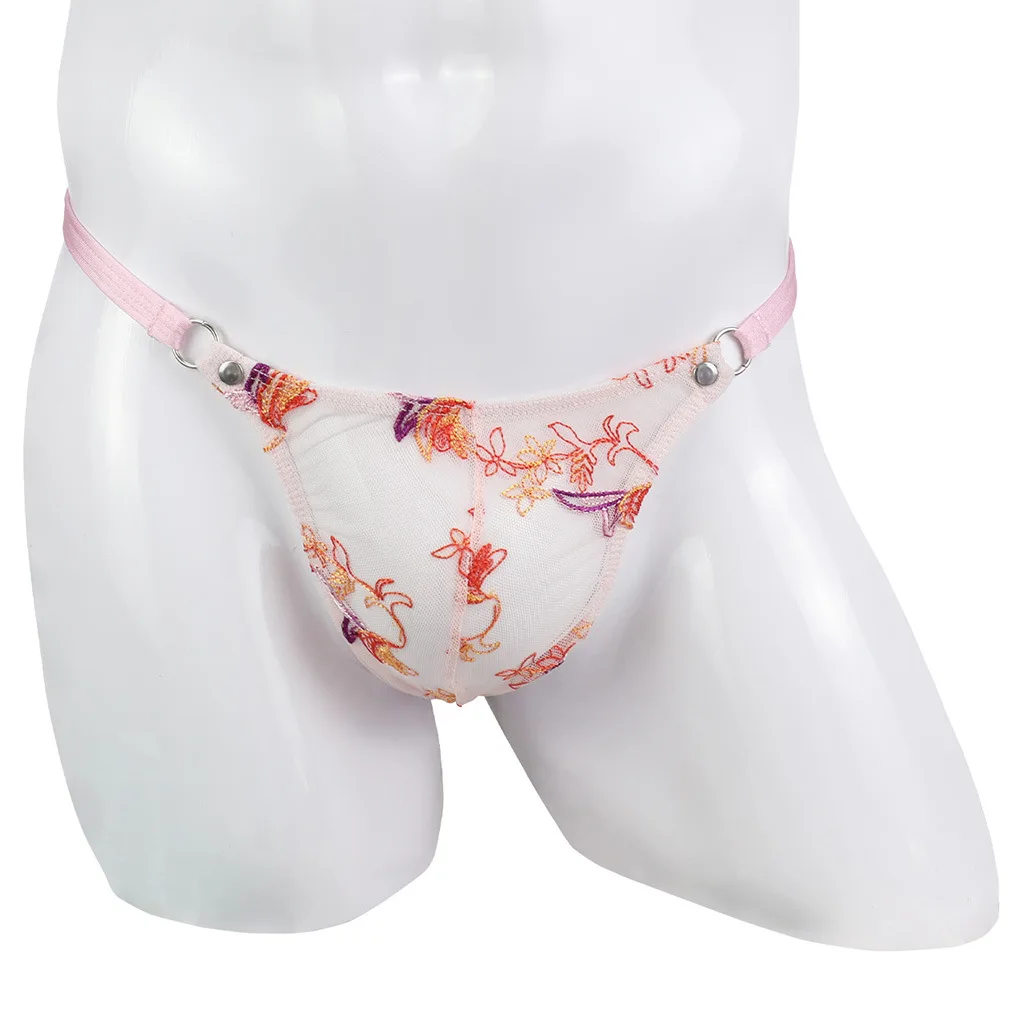 Men's Phoenix Embroidered Mesh Thong, Adjustable Strap Sheer Sexy Underwear