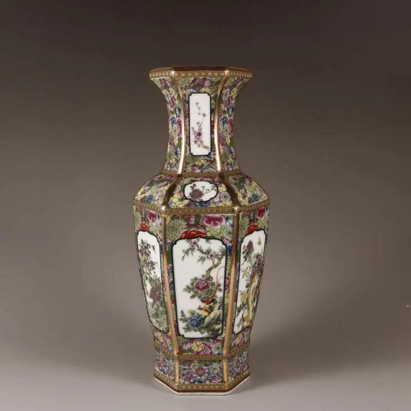 Retro Qing Qianlong enamel flower bird pattern hexagonal vase Chinese style classical home study desktop decoration handicraft
