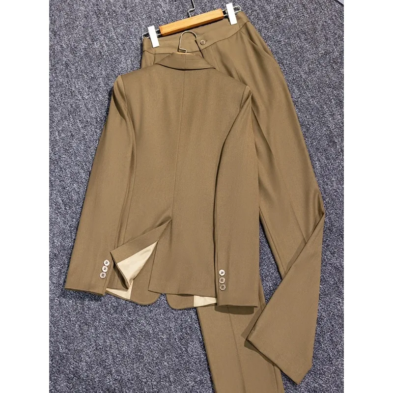 Brown Office Lady Women Pant Suit 2 Piece Set Spring Business Back Split Coat Formal Double Breasted Blazer Jacket Coat+Trousers