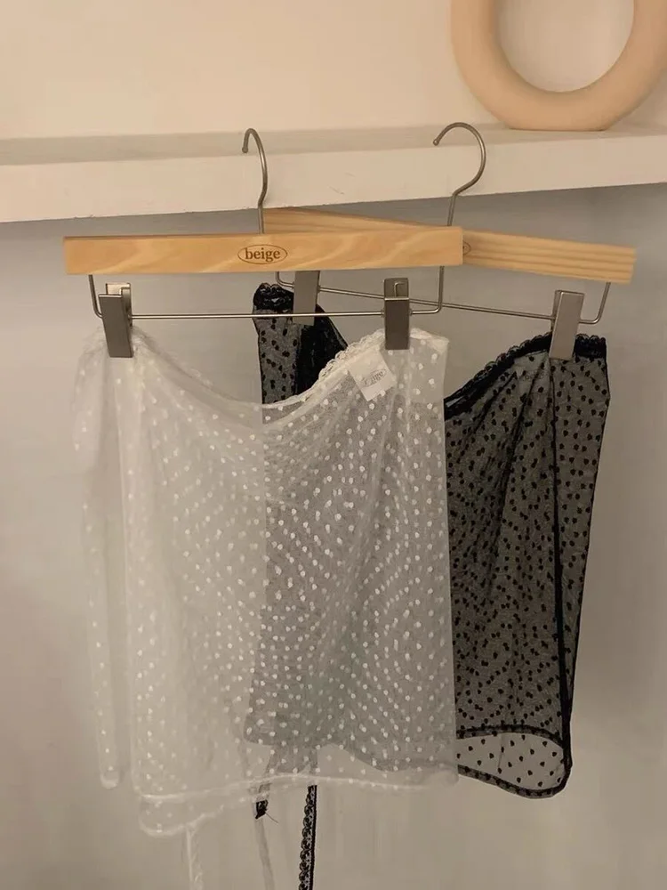 Polka Dot Lace A-Line  Skirt Women's One-Piece Curtain Skirt Korean Style Commute Middle Waist Short Skirt Pure Color