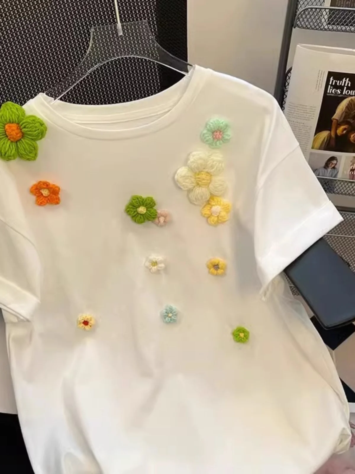 Extra Large Size 300 Pounds 3D Flower Short Sleeve Women's T-Shirt Summer Loose Pure Cotton Stylish Top Korean Style round Neck