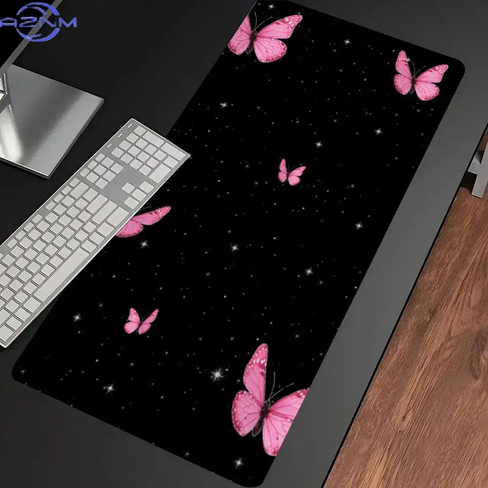 Pink Butterfly Starry Aesthetic Large Gaming Desk Mat Non Slip Rubber Stitched Edge Keyboard Mouse Pad E-Sport Office Daily Use