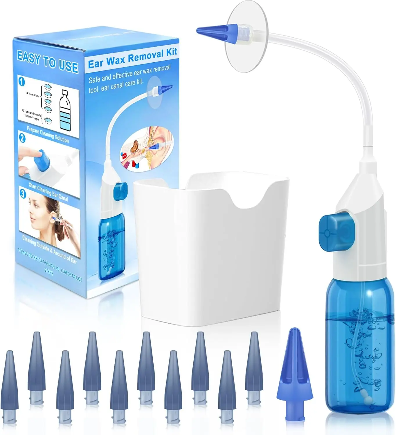 Ear Wax Removal Tool Manual Ear Irrigation Flushing Kit Ear Cleaner Full Set of Cleaning Tools and 30 Disposable Soft Ear Tips