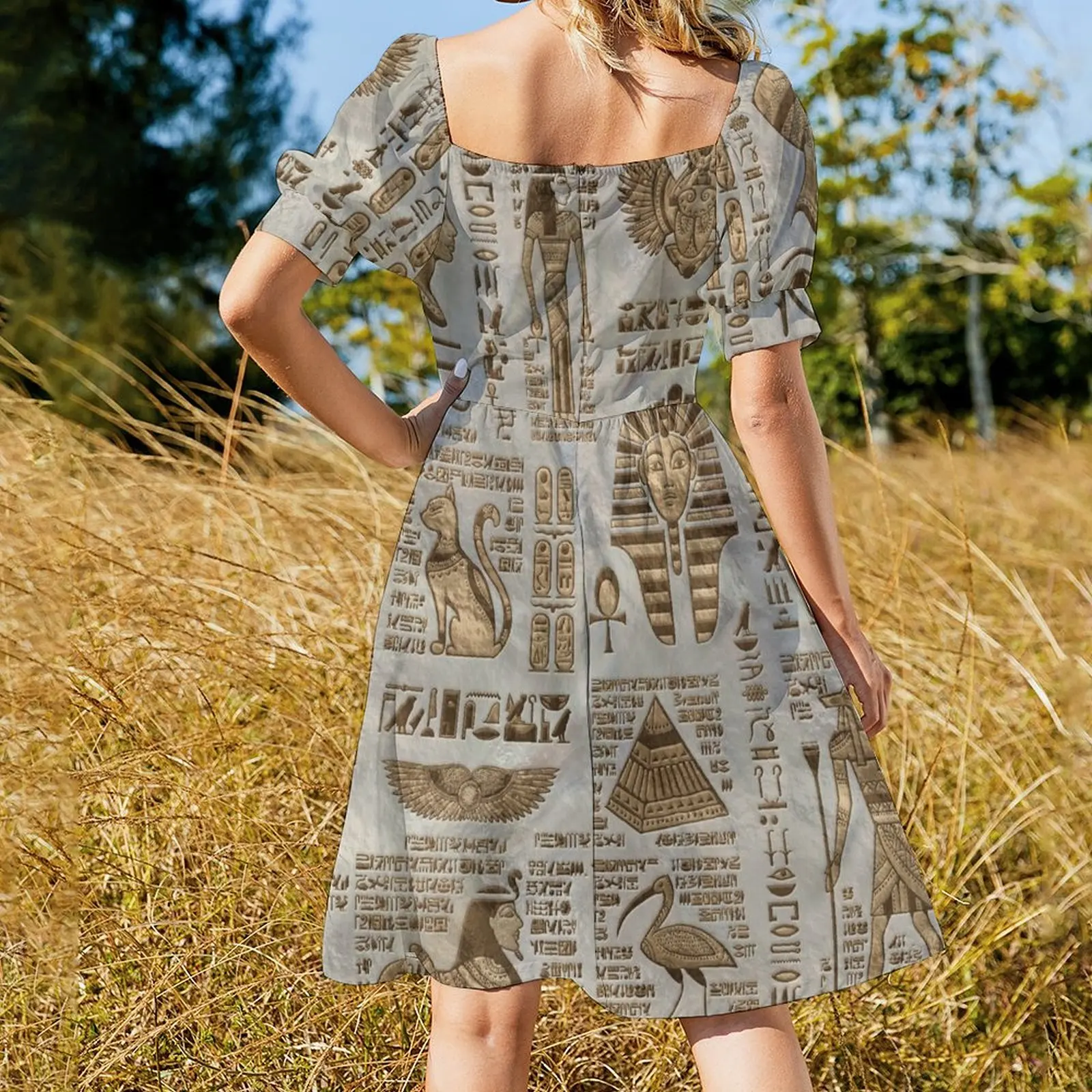 Robe de Bal à Manches Courtes pour Femme, Tenue Vintage Dorée, Déités et Hiéroglyphes Égyptiens, d'Été