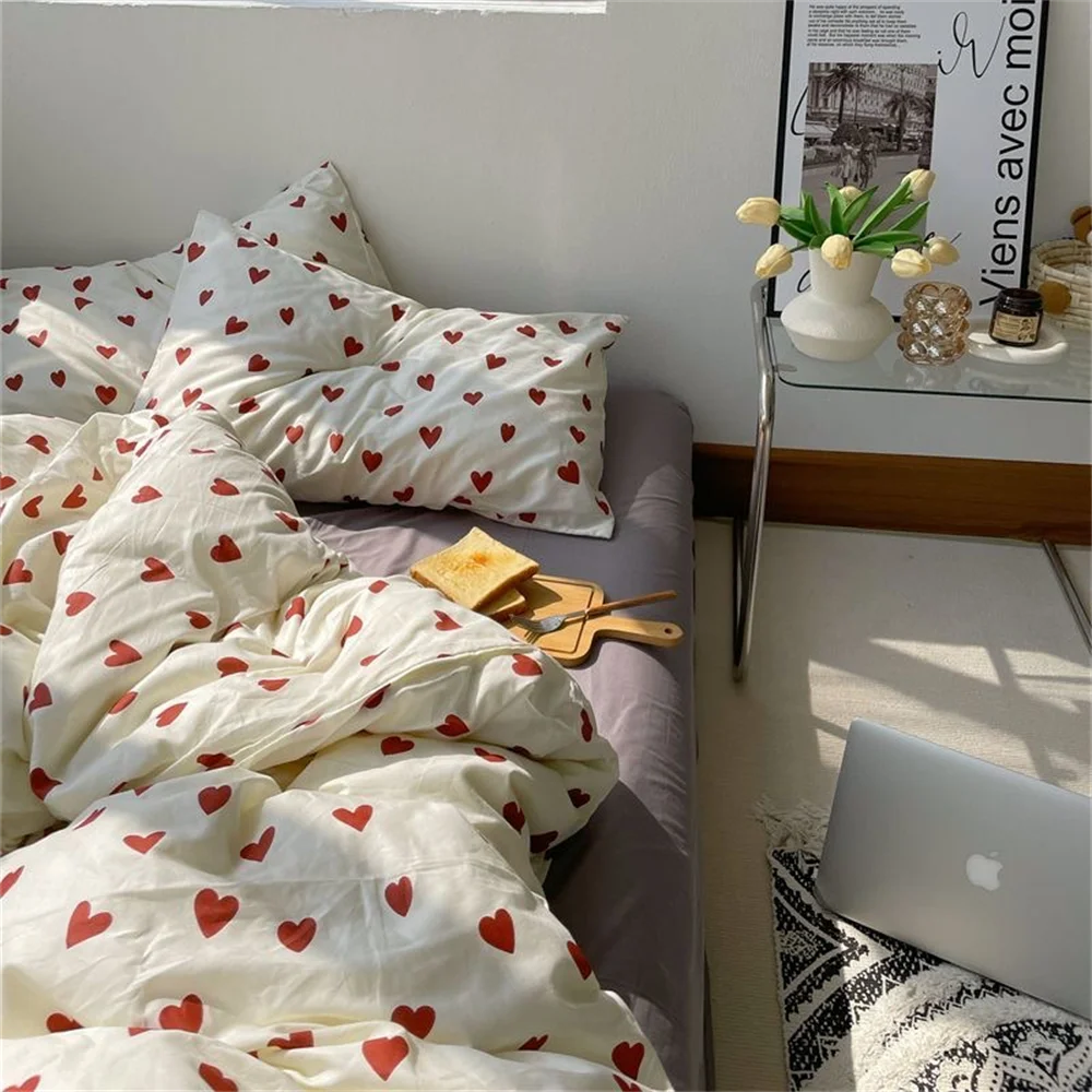 Ins Heart Duvet Cover Set No Filler Korean Style Bedding and Flat Sheet Pillowcase Single Double Full Size Soft Girls Bed Linens