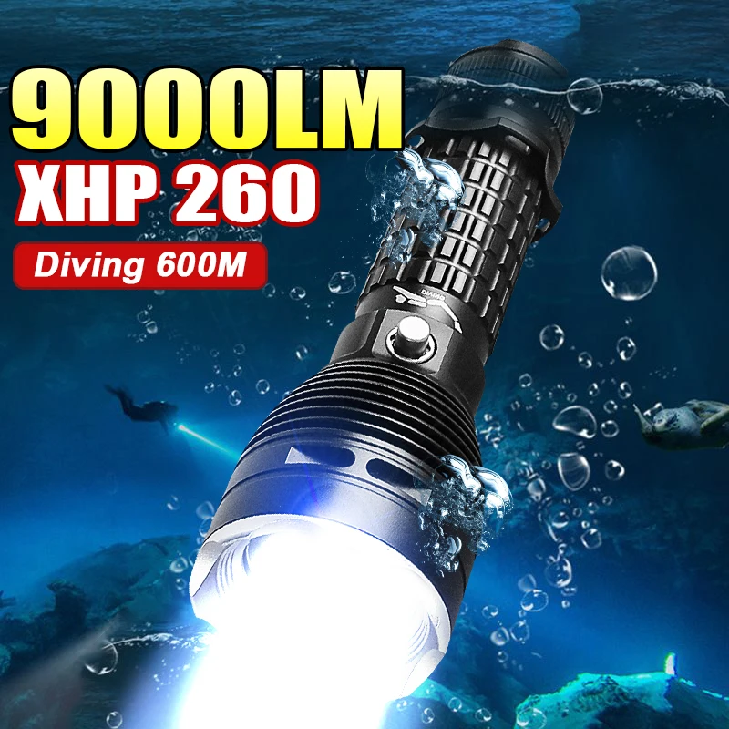 Powerful XHP260 LED Diving Flashlight Waterproof Professional Diving Torch 10000LM Super Bright Underwater Lighting Diving Light