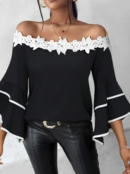 Contrast Lace Bell Sleeve Off Shoulder Top Blouses Chic Binding Daily