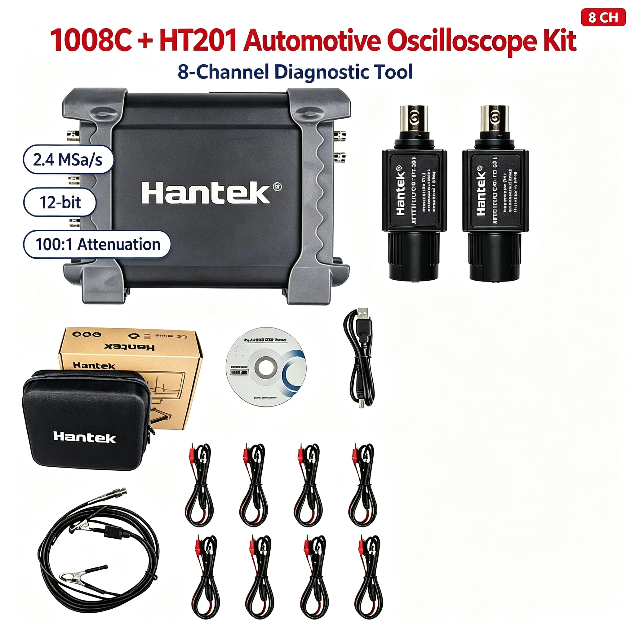 Hantek 1008C Automotive Oscilloscope 8 Channel USB Car Diagnostic Tool 2.4MSa/s 12Bit Vehicle Sensor Ignition CAN LIN Tester