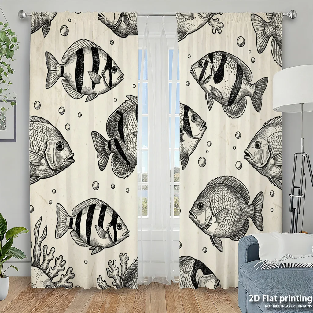 Vintage Fish Curtain, Retro Sketch Sea Life Window Drape, Marine Animal Print Home Decor Black White Ocean Theme Kitchen Textile