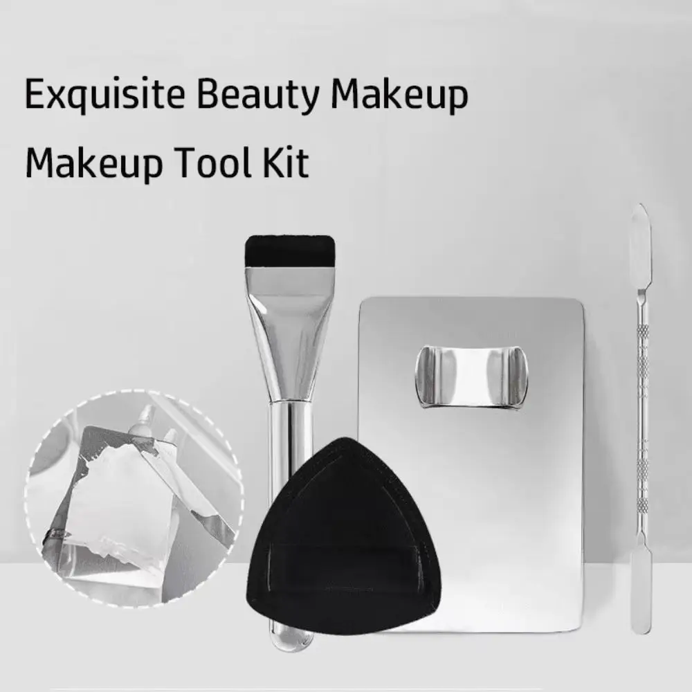 4PCS Stainless Steel Makeup Tool Kits Ring Mixing Plate Beauty Mixing Spatula Rod With Powder Puff Spatula Cosmetic Brush Set