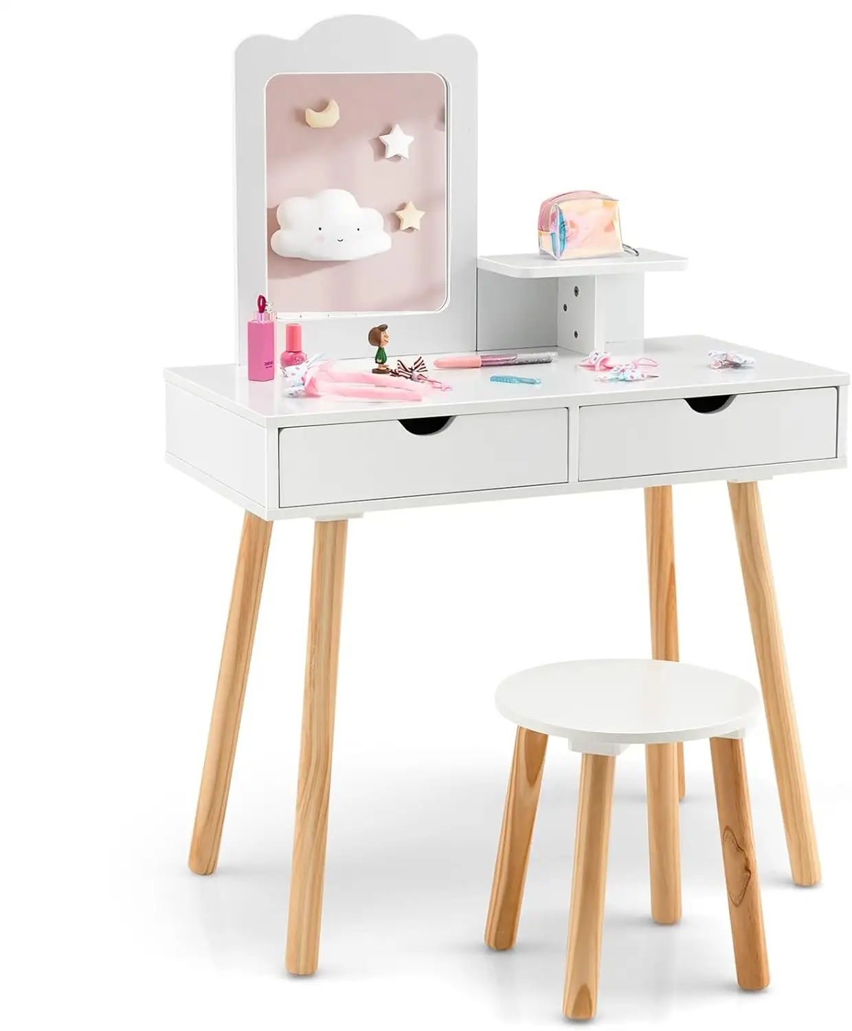 

Kids Vanity Set, 2 In 1 Wooden Princ Makeup Table And Chair With Mirror, Storage Shelf Drawers For Little Girls, Toddler