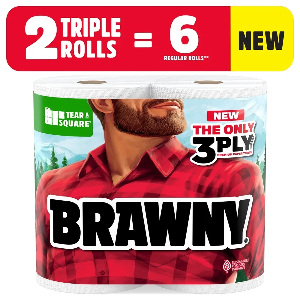 3-Ply Paper Towels Tear-a-Square 2 Triple Rolls Strong Absorbent Durable Perforated Sheets Eco-Friendly SFI Certified Ideal