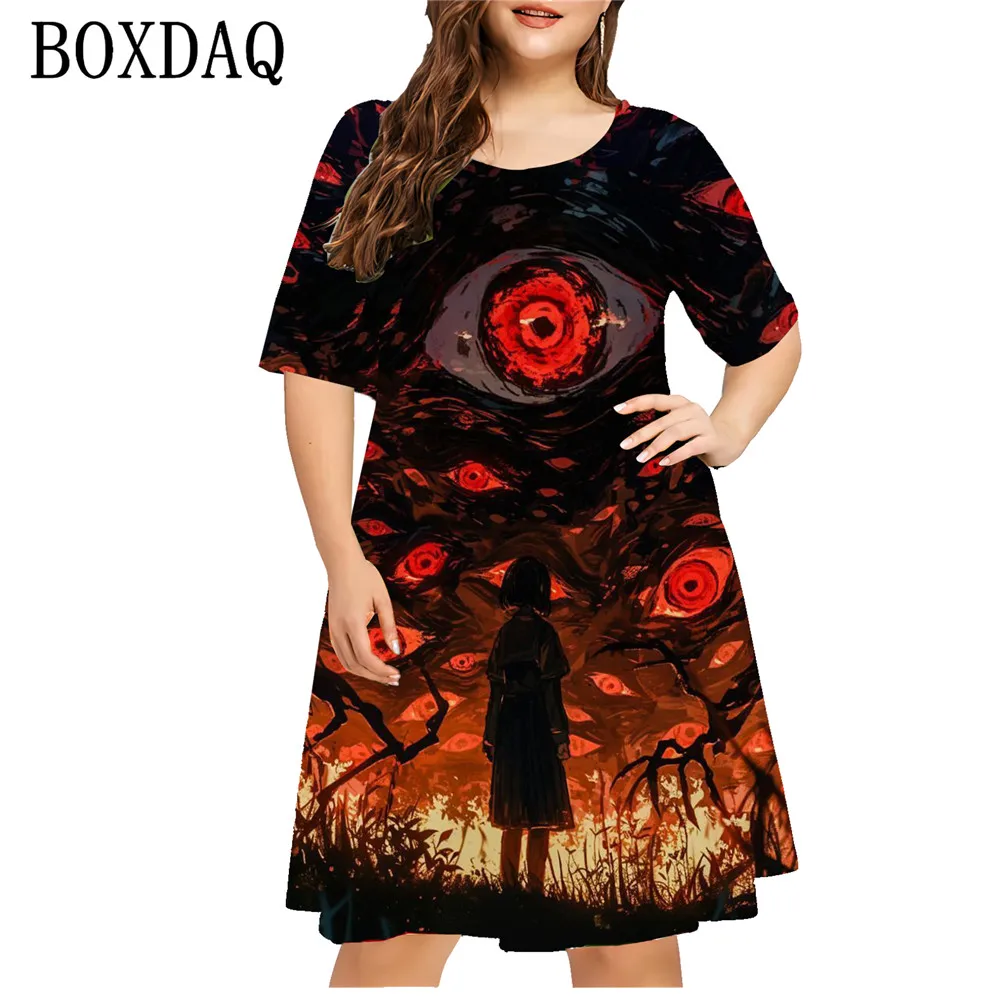 2024 New Fashion Dresses Women Horror Skull 3D Printed Dress Casual Red Flower Short Sleeve Loose Dress Plus Size Women Clothing