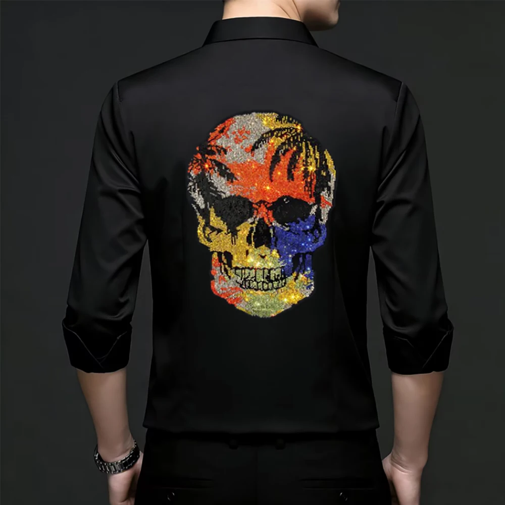  Trend Mens Glossy Satin Shirt Tropical Rainbow Skull Bling Rhinestone Graphic Back Punk Streetwear Slim Cut Evening Casual Top