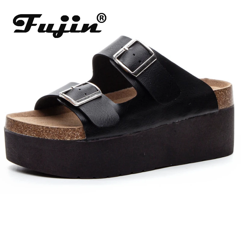 Fujin 7CM Cow Genuine Leather Synthetic Slippers Sandal Shoes Platform Wedge Women Ladies Summer Peep Toe High Brand Fashion