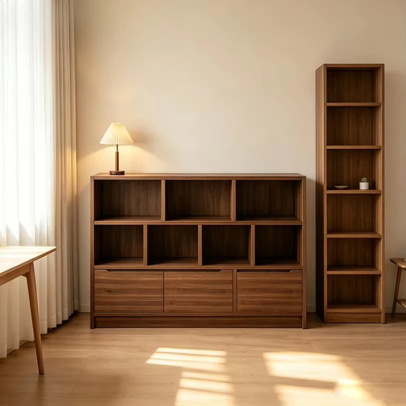 Freestanding wooden bookcases, lockers, shelves, modern minimalist design, self-assembled furniture, home furnishings