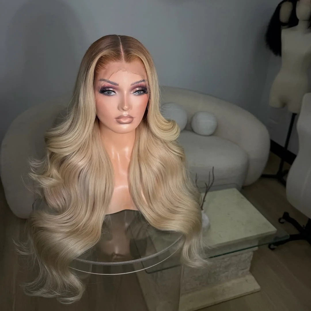 Highlight Honey Blonde HD Lace Front Synthetic Wig Long Body Wavy Heat Resistant Loose Wave Wig for Women Realistic Wear&Go