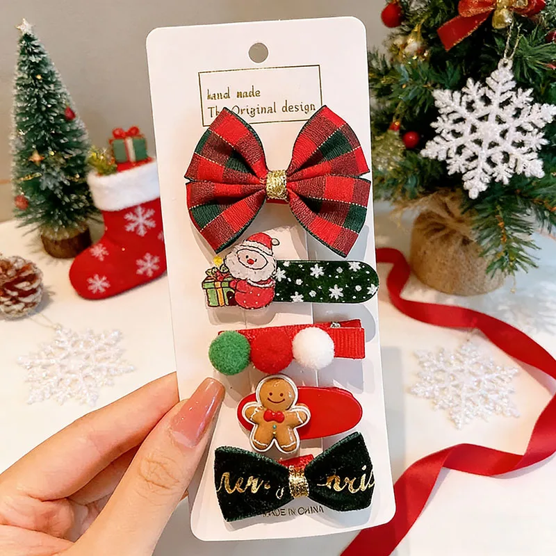 Economic 5Pcs/Pack Bow Hair Clip Women Christmas Holiday Luck Red Velvet Snowman Tree Atmosphere Hairwear Cute Children Trinket