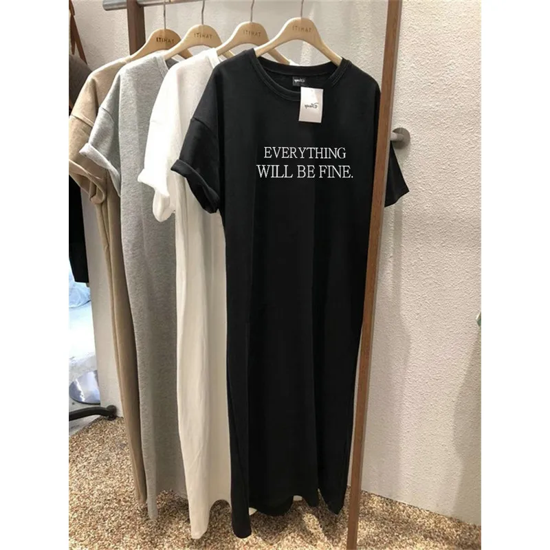 Vestido de verano delgado, talla grande, holgado, manga corta para mujer 2025 nuevo, estampado de letras, escote redondo sencillo 3