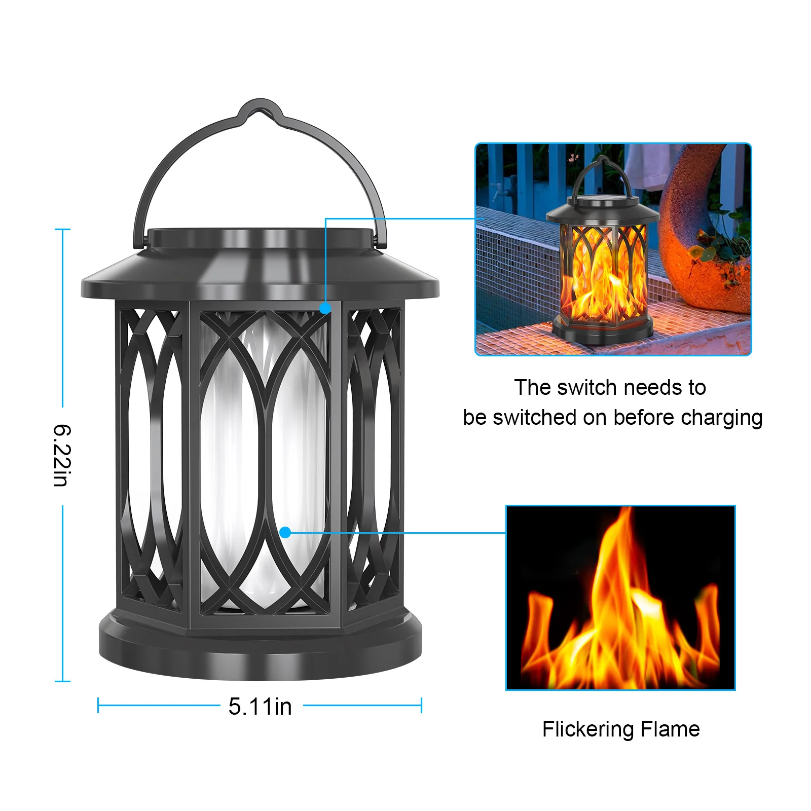 Imagem -05 - Solar Powered Flickering Flame Pendurado Lâmpada Luz de Parede Impermeável Cerca Pátio Rua Exterior Jardim