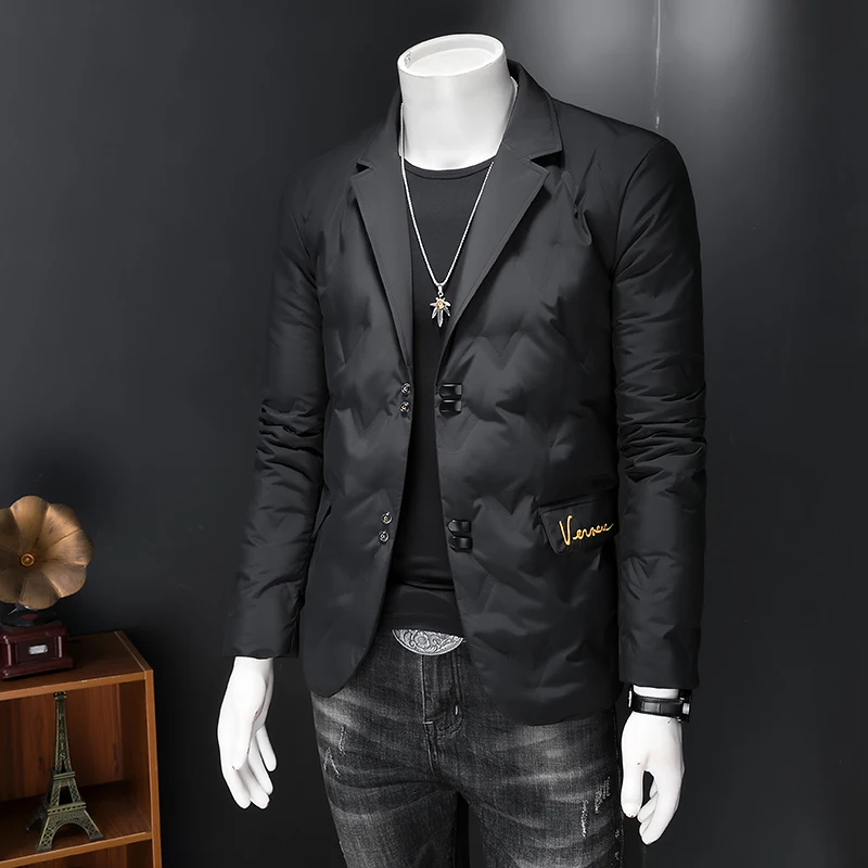 Autumn Winter Embroidery Men's Down Coats Luxury Solid Color Single Breasted White Duck Down Male Blazers Man Overcoats