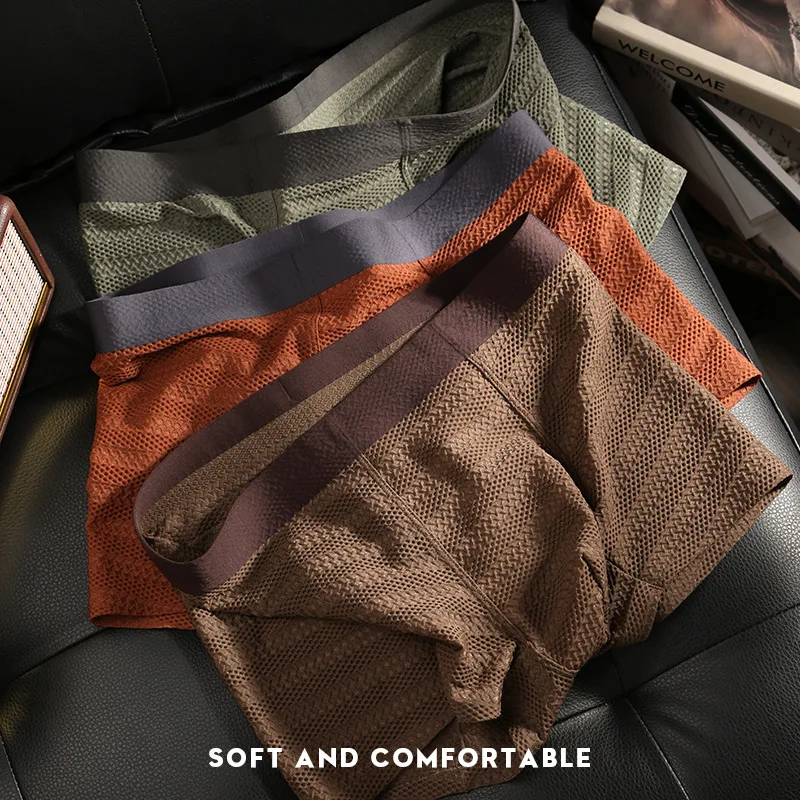 

3pcs new men's ice silk underwear mesh free-shot jacquard boxer simple solid color boys summer sports boxer
