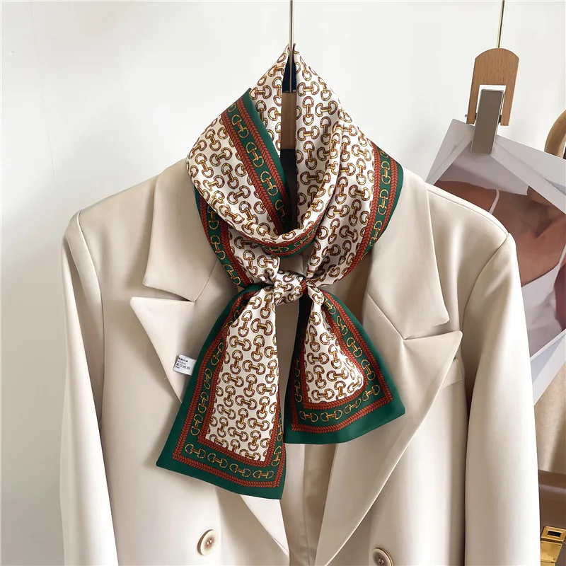 2026 Women's Silk Feel Printed Design Scarf Shawl Fashion Luxury Long Narrow Small Headband Headscarf for Ladies