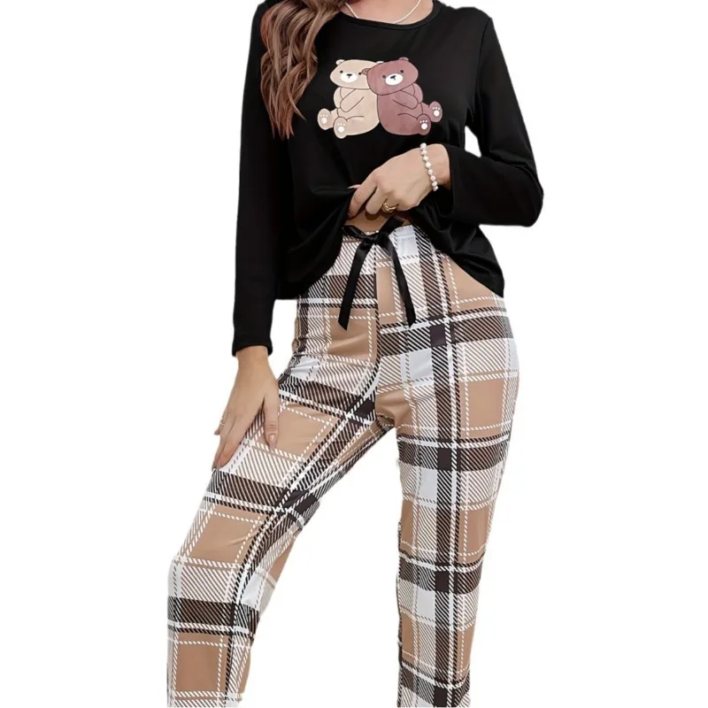 Conjunto de pijama de otoño para mujer, Top de manga larga con oso, pantalones a cuadros