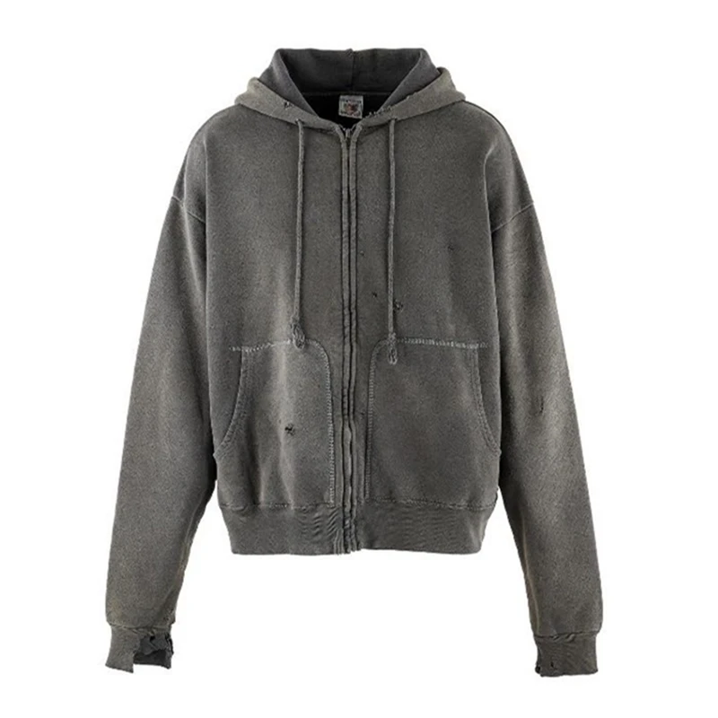 

Промытый черный пуловер с капюшоном на молнии Saint PARKA DAMAGE для мужчин и женщин, высококачественная тяжелая ткань, унисекс с капюшоном