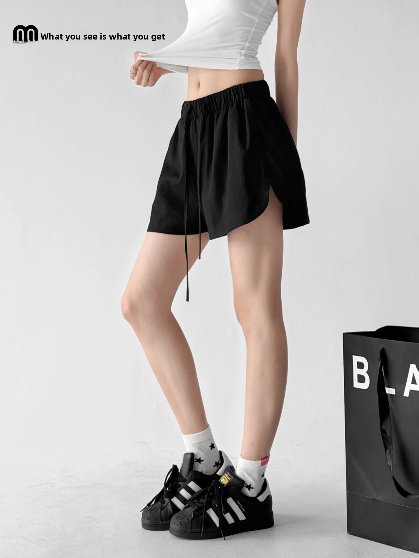 

Black Sports Shorts Women's Summer New Style Elastic Waist Basic Casual Loose Slimming Cotton Nylon Rayon Straight Leg Pants
