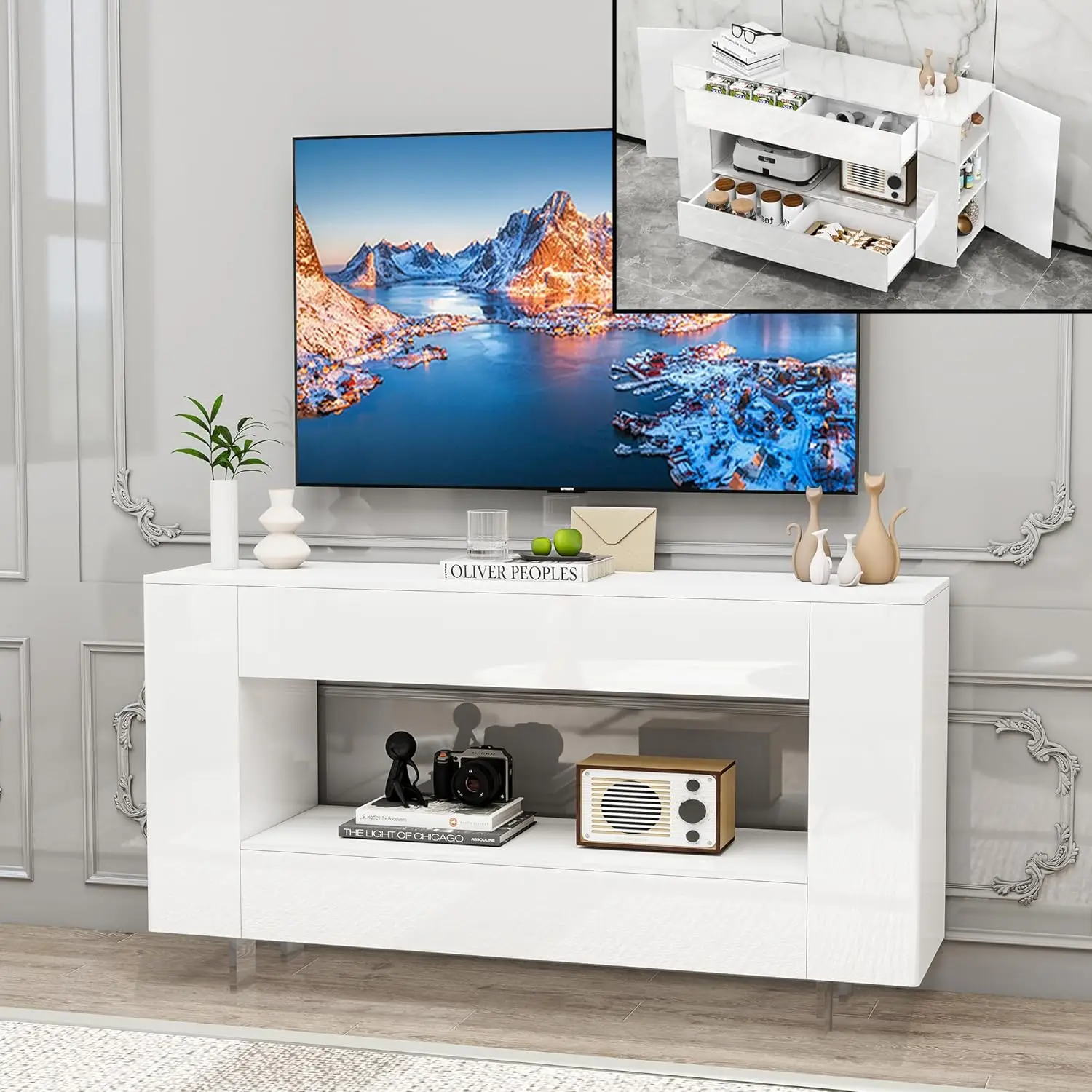 

Тумба под телевизор с глянцевым покрытием, 2 большими ящиками и дверцами с механизмом push-to-open - Современный глянцевый шкаф-консоль для хранения вещей в гостиной