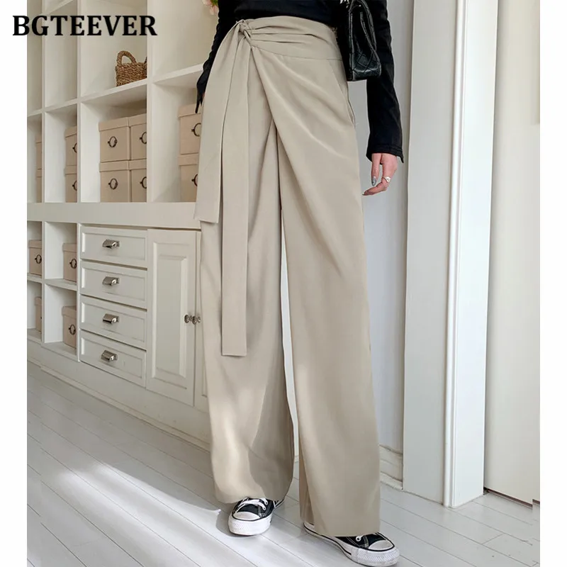 BGTEEVER Stylish Lace-up High Waist Female Suit Pants Elegant Loose Wide Leg Trousers for Women