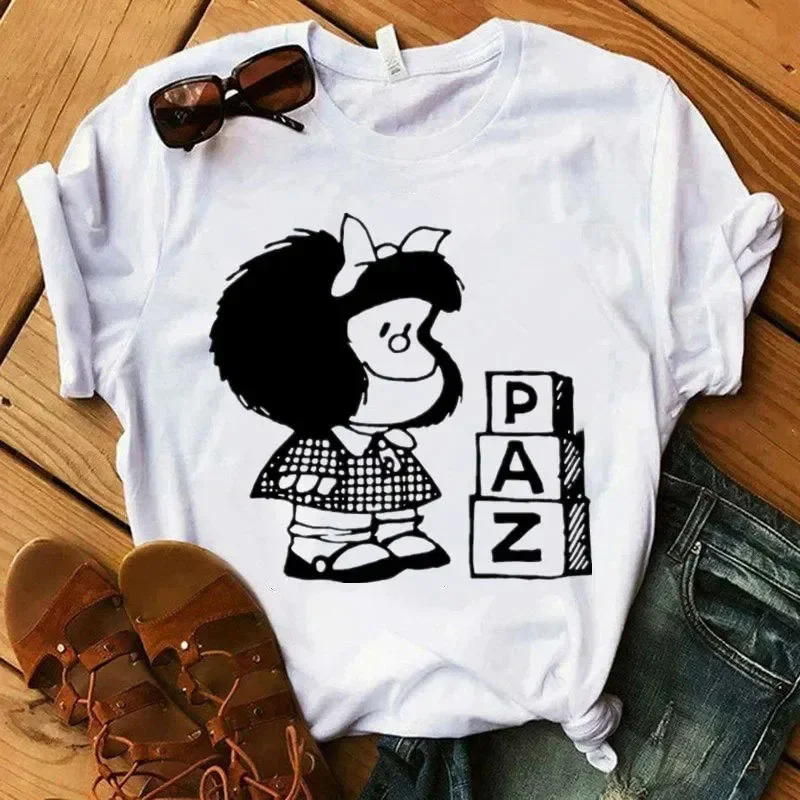 Mafalda Printing T-Shirts Cartoon Harajuku Style High Quality Summer Basic Tee Short Sleeve Neck Fashion Casual Sport Clothes