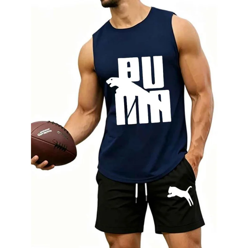 

Men's Leaping Panther & Geometric Letter Print 2-Piece Sleeveless Tank Top & Shorts Set, Casual Sportswear Tracksuit
