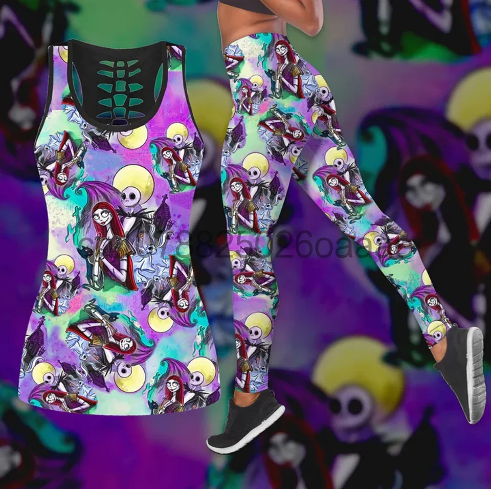 The Nightmare Before Christmas Jack Skellington Sally Womens Hollow Tank Top Leggings Yoga Set Fitness Leggings Tracksuit