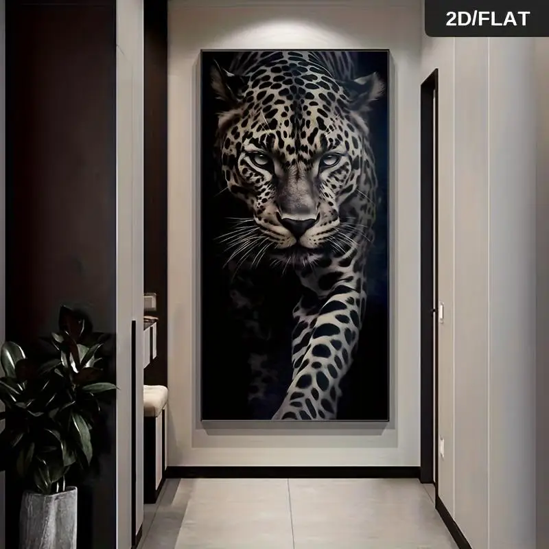 One Modern Abstract Jaguar Print Art Canvas - A Vivid Blue and Black Jaguar Design, A High-Quality 2D Flat Print Frameless Paint