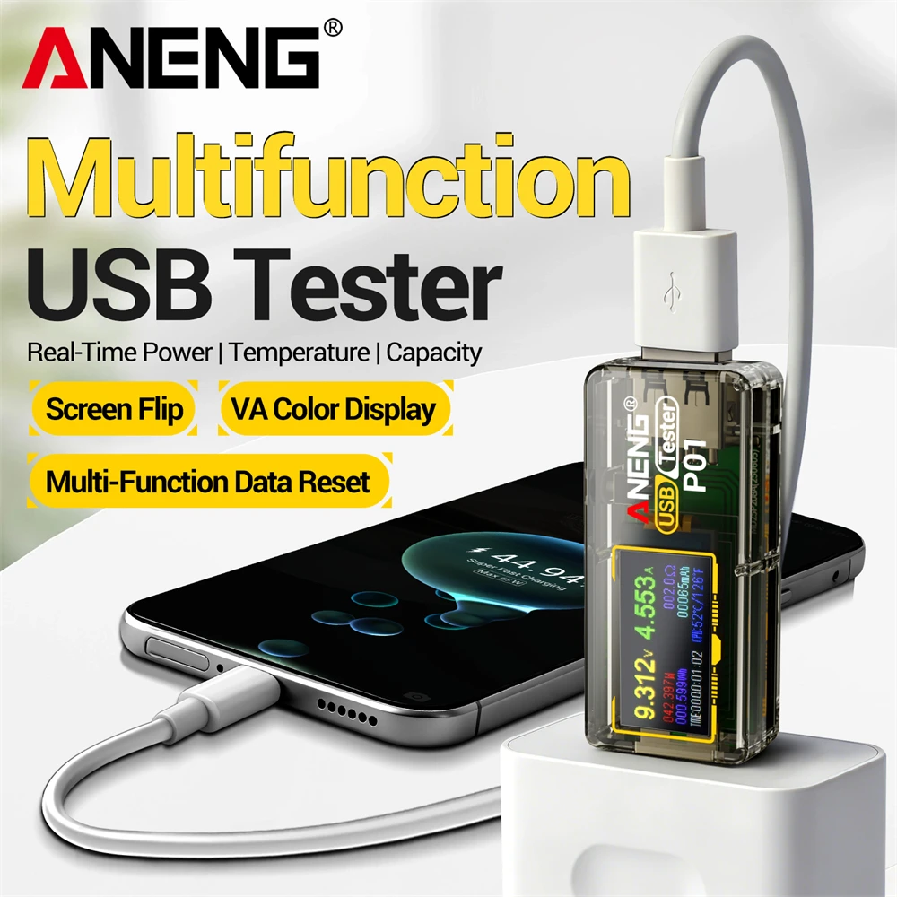 Testador USB ANENG P01 Adaptador Multifuncional Tipo-C Digital 4V-30V Voltímetro Ferramentas de Detecção de Temperatura e Carregamento Rápido